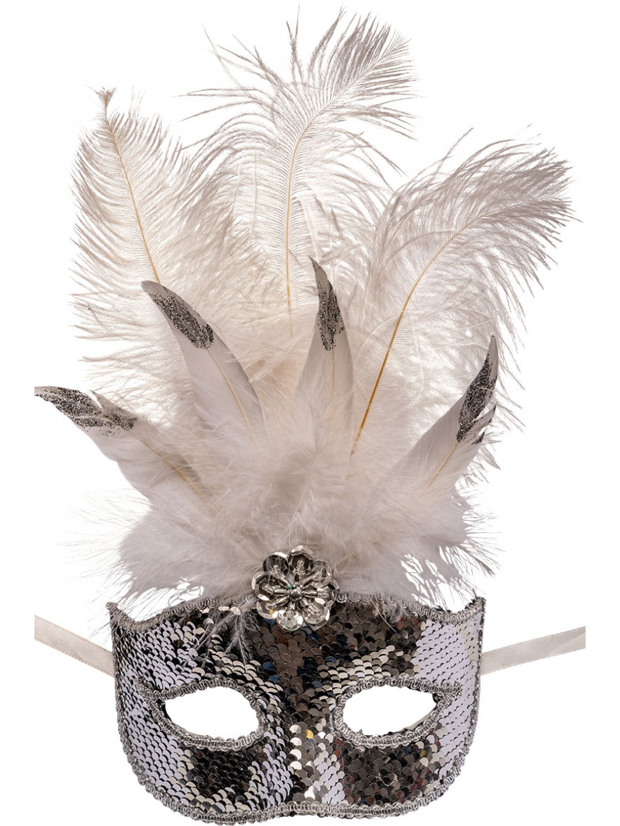Maschera argento in plastica c/paillettes, piume bianche e decorazioni in  busta c/cav.