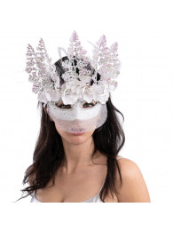 Maschera con veletta bianca, fiori e decor  glitter,piume in scatola pvc