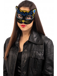 Maschera gatto in plastica e vellutino con glitter oro e blu in busta c/cav.